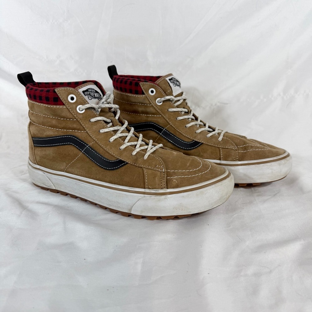 Vans Brown Suede High-Top Sneakers with Black Stripe and Red Plaid Collar